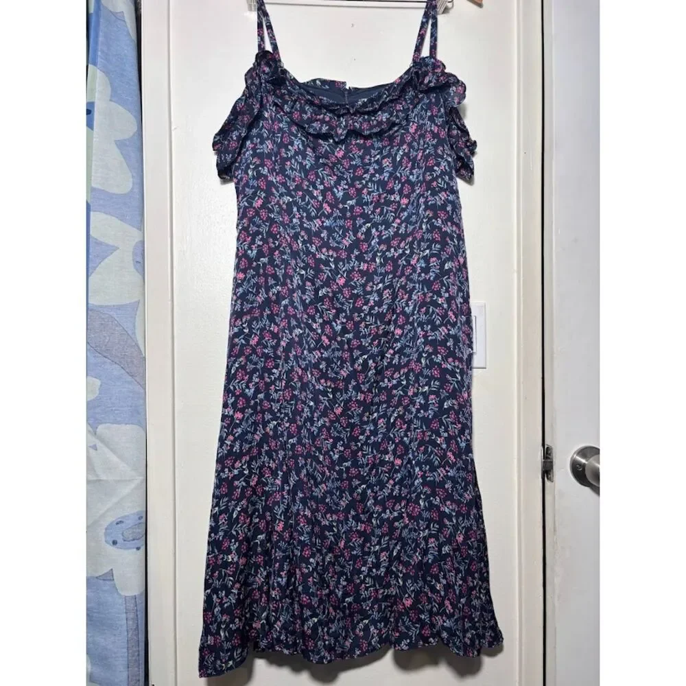 J. Crew Dress Wisp Womens sz 20 Navy Floral Midi Stretch Silk Slip Ruffle Detail